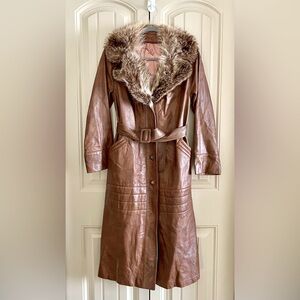 Vintage Jeno de Paris 1970s Style Long Brown Leather Jacket with Fur Trim Collar